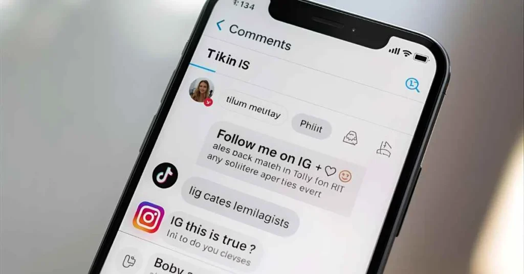 TikTok comment section showing IG meaning examples, Instagram logo, and chat bubbles explaining IG as Instagram or I Guess