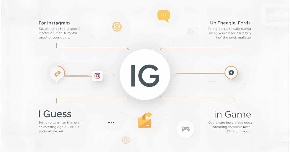 IG meaning infographic showing Instagram, I Guess, and In Game with icons, chat bubbles, and social media context for text, Snapchat, TikTok, and gaming
