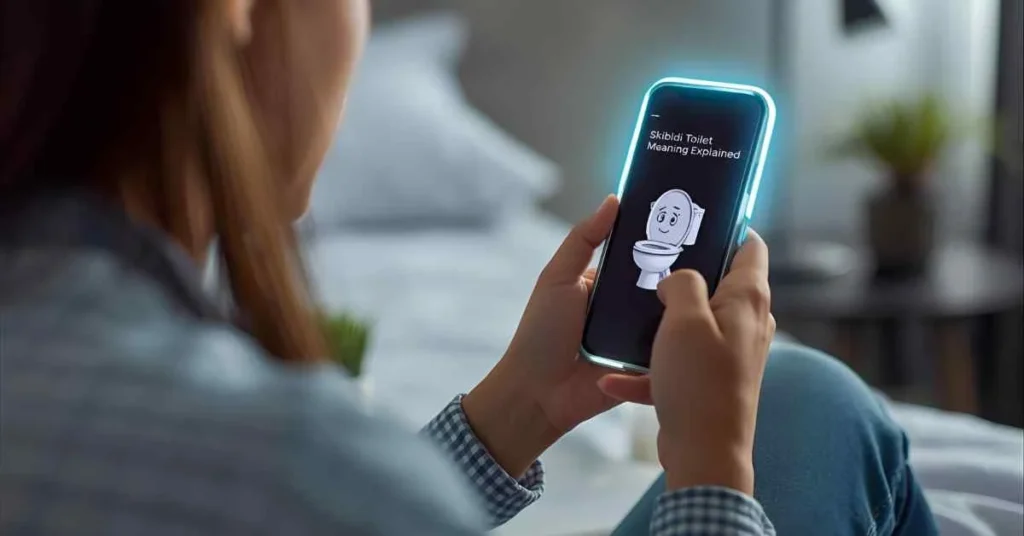Realistic image of a teen using TikTok on a smartphone with a Skibidi Toilet character on the screen and the text “Skibidi Toilet Meaning Explained.”