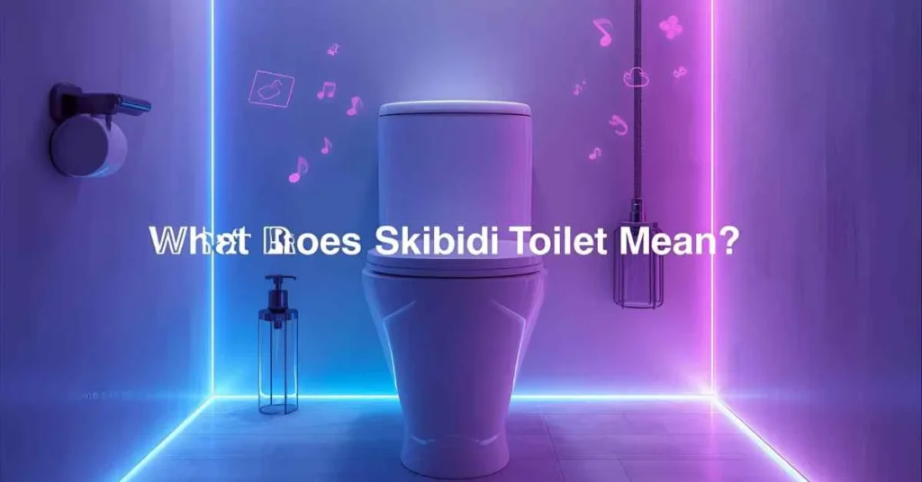 Realistic modern bathroom with glowing toilet and digital meme elements representing the meaning of Skibidi Toilet.