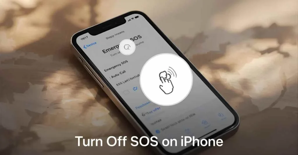 iPhone screen showing Emergency SOS settings with Auto Call toggle turned off and visual guide to turn off SOS feature