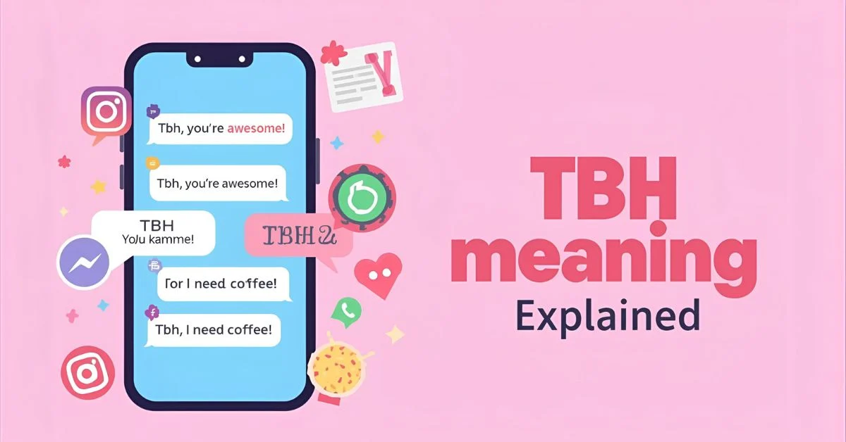 Illustration showing the meaning of TBH with smartphone chat bubbles saying 'TBH, you’re awesome!' and 'TBH, I need coffee!', alongside Instagram, TikTok, and WhatsApp icons, highlighting online slang usage and social media context.