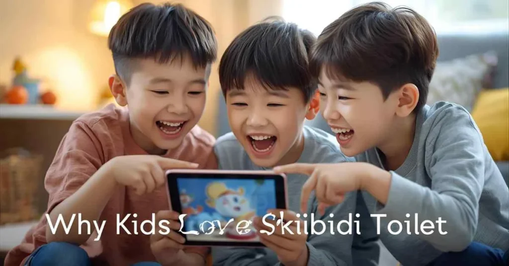 Kids laughing while watching a funny dancing toilet character on a tablet, showing why Skibidi Toilet is popular among children.